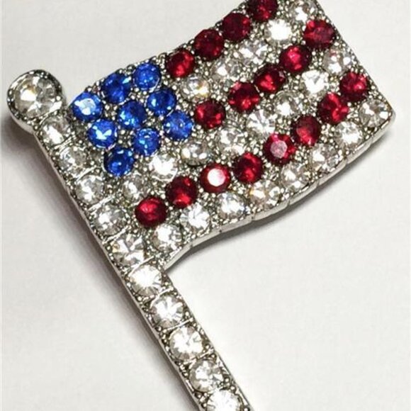 USA American Flag Pin Brooch Patriotic July 4th US Crystal Silver Plated 1.5" - Picture 5 of 12